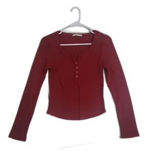 Active USA Womens Medium Red Ribbed Henley Top Long Sleeve Fitted Stretch